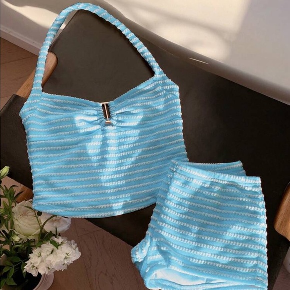 Blue and White Striped Halter Top and Shorts Set - Picture 6 of 6